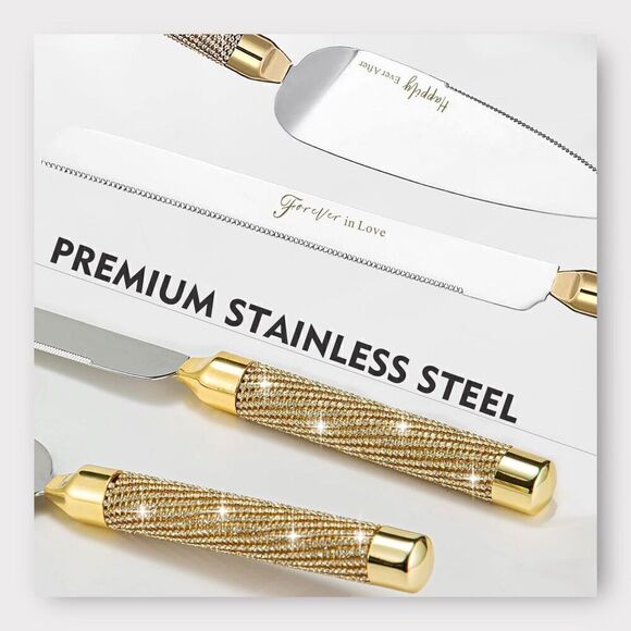 Wedding Cake Knife and Server Set and Champagne Flutes Gold Jeweled Handles - Picture 3 of 5
